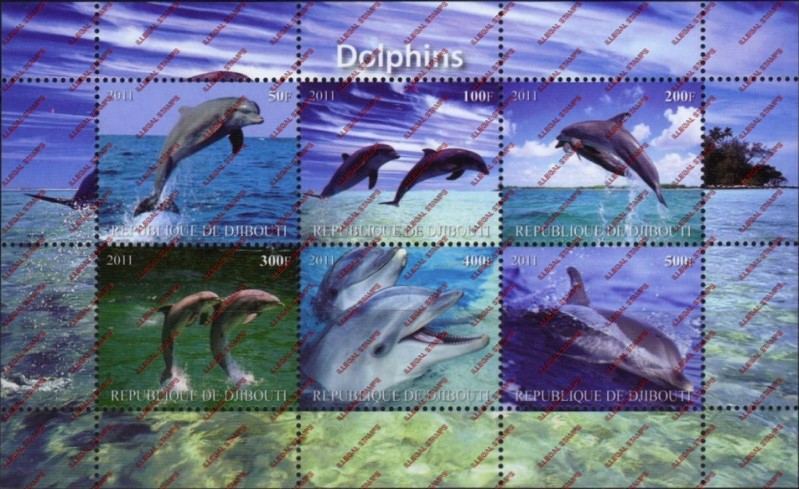 Djibouti 2011 Animals Dolphins Illegal Stamp Sheetlet of 6 Djibouti 2011 Animals Dolphins Illegal Stamp Sheetlet of 6
