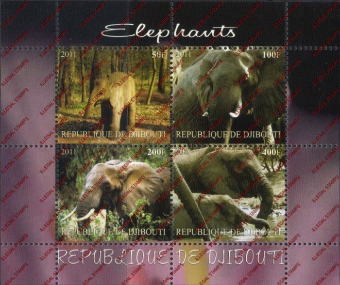 Djibouti 2011 Animals Elephants Illegal Stamp Souvenir Sheet of 4 Djibouti 2011 Animals Elephants Illegal Stamp Souvenir Sheet of 4