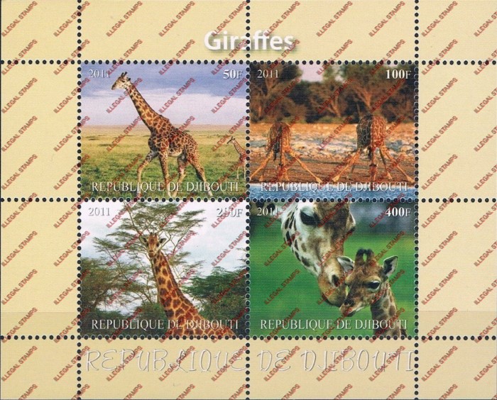 Djibouti 2011 Animals Giraffes Illegal Stamp Souvenir Sheet of 4 Djibouti 2011 Animals Giraffes Illegal Stamp Souvenir Sheet of 4