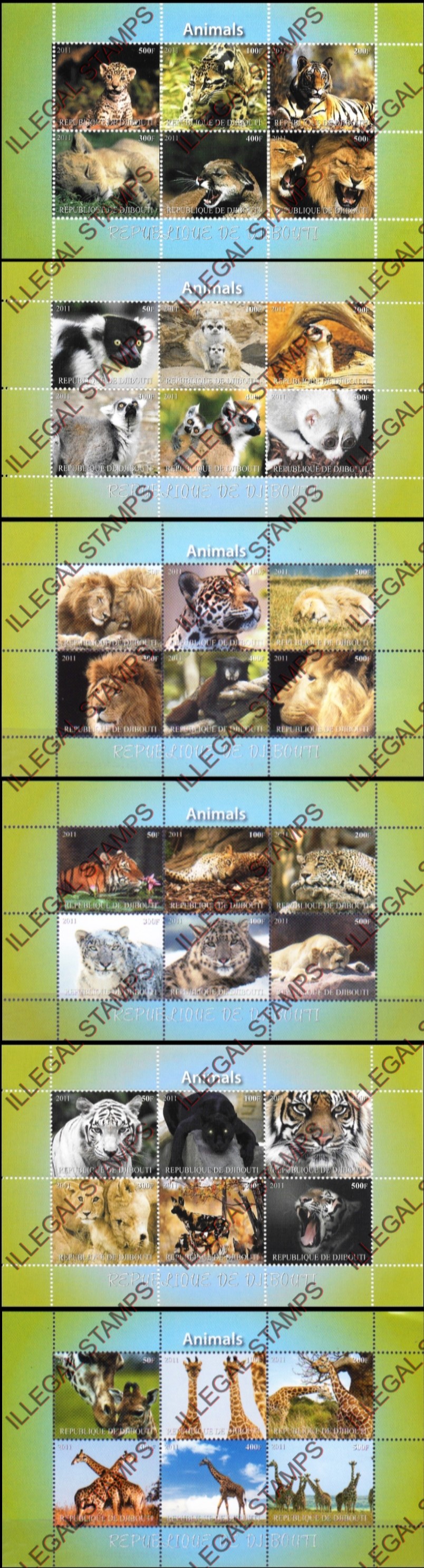 Djibouti 2011 Animals Horizontal Illegal Stamp Sheetlets of 6 with Plain Backgrounds (Part 1) Djibouti 2011 Animals Horizontal Illegal Stamp Sheetlets of 6 with Plain Backgrounds (Part 1)
