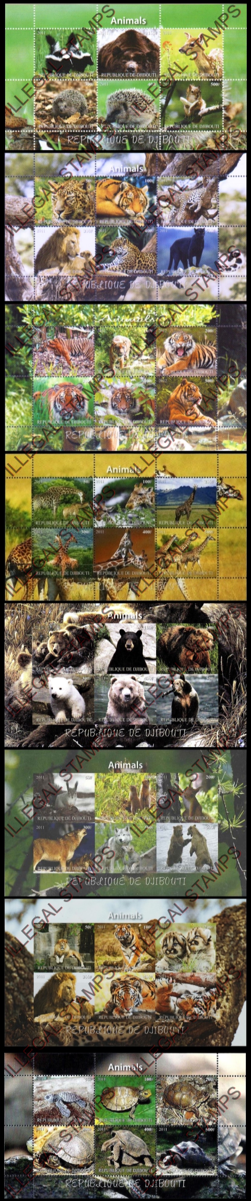 Djibouti 2011 Animals Horizontal Illegal Stamp Sheetlets of 6 with Picture Backgrounds Djibouti 2011 Animals Horizontal Illegal Stamp Sheetlets of 6 with Picture Backgrounds