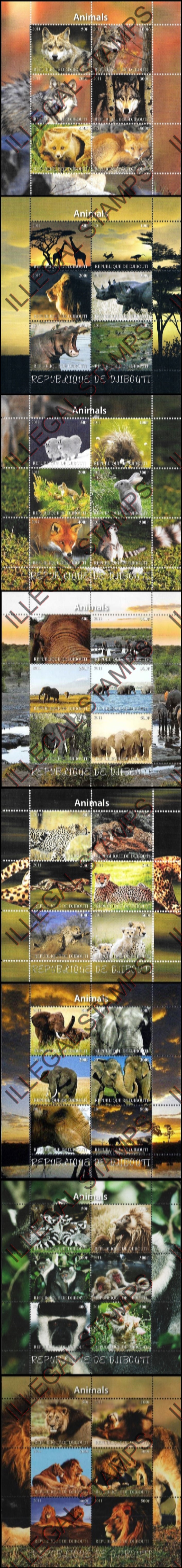Djibouti 2011 Animals Vertical Illegal Stamp Sheetlets of 6 with Picture Backgrounds Djibouti 2011 Animals Vertical Illegal Stamp Sheetlets of 6 with Picture Backgrounds
