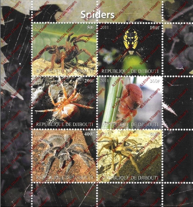 Djibouti 2011 Animals Spiders Illegal Stamp Sheetlet of 6 Djibouti 2011 Animals Spiders Illegal Stamp Sheetlet of 6