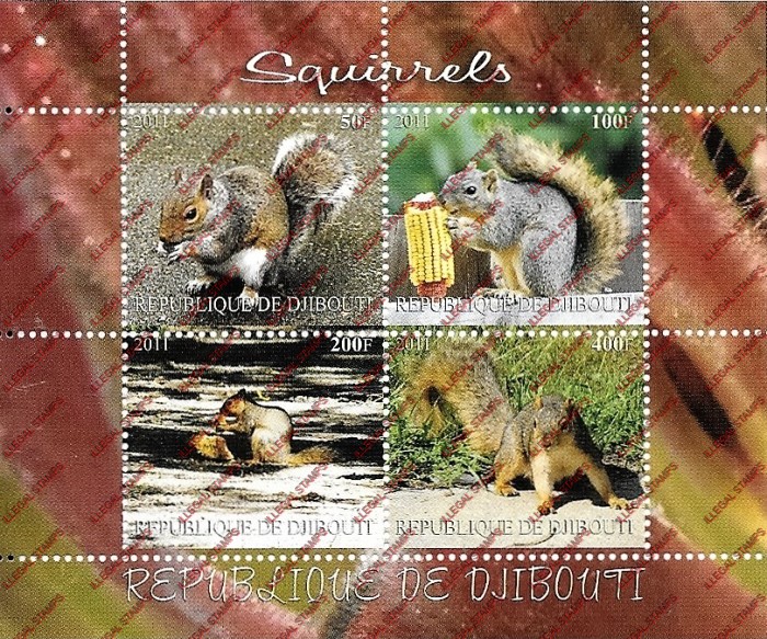 Djibouti 2011 Animals Squirrels Illegal Stamp Souvenir Sheet of 4 Djibouti 2011 Animals Squirrels Illegal Stamp Souvenir Sheet of 4