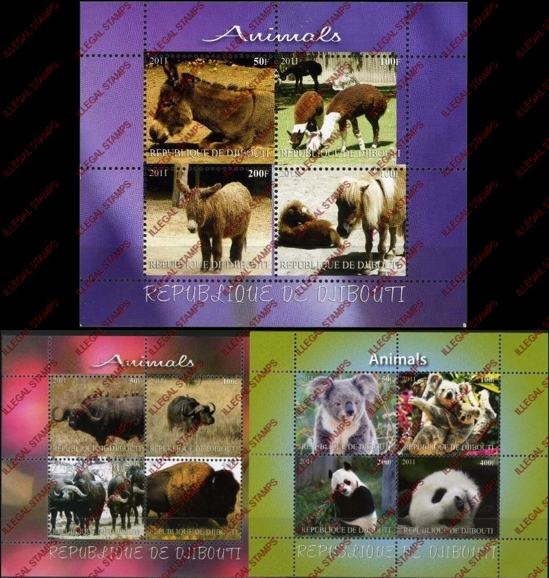 Djibouti 2011 Animals Illegal Stamp Souvenir Sheets of 4 with Plain Backgrounds (Part 1) Djibouti 2011 Animals Illegal Stamp Souvenir Sheets of 4 with Plain Backgrounds (Part 1)