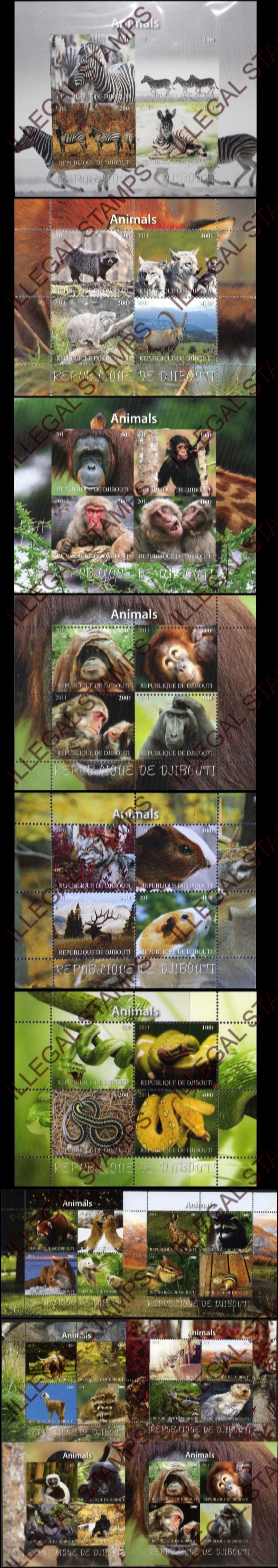 Djibouti 2011 Animals Illegal Stamp Souvenir Sheets of 4 with Picture Backgrounds (Part 1) Djibouti 2011 Animals Illegal Stamp Souvenir Sheets of 4 with Picture Backgrounds (Part 1)