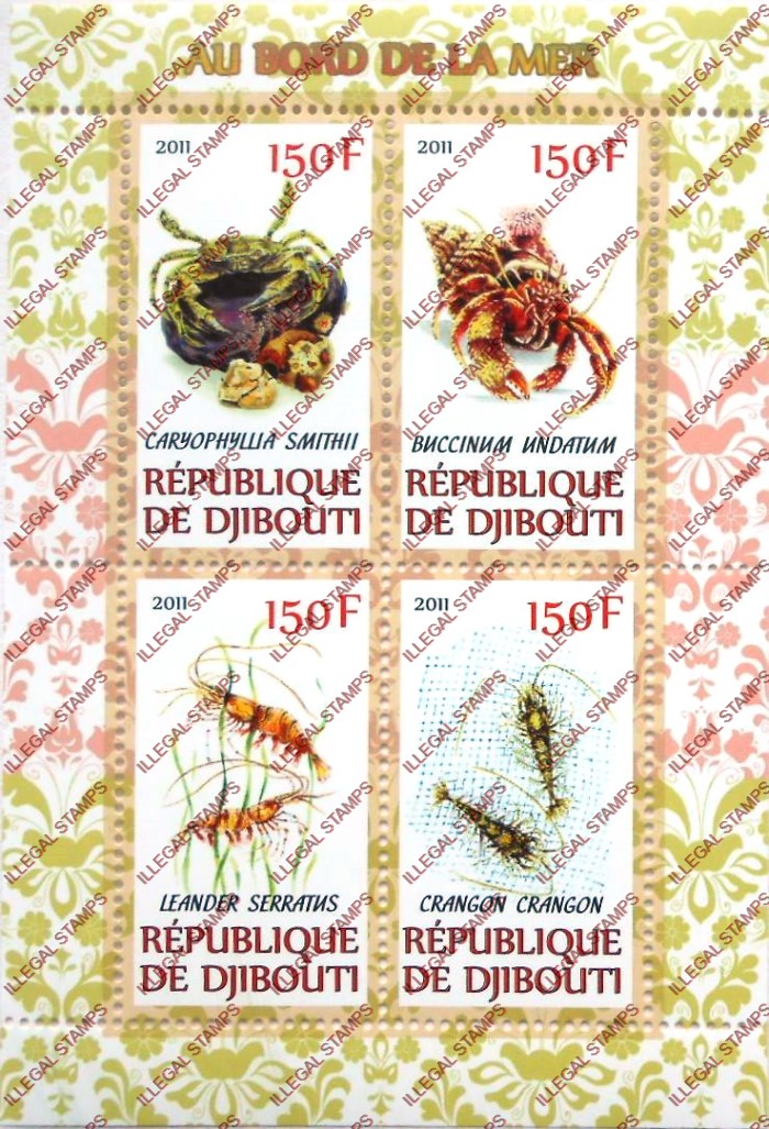 Djibouti 2011 At the Seashore Illegal Stamp Souvenir Sheet of 4 Djibouti 2011 At the Seashore Illegal Stamp Souvenir Sheet of 4