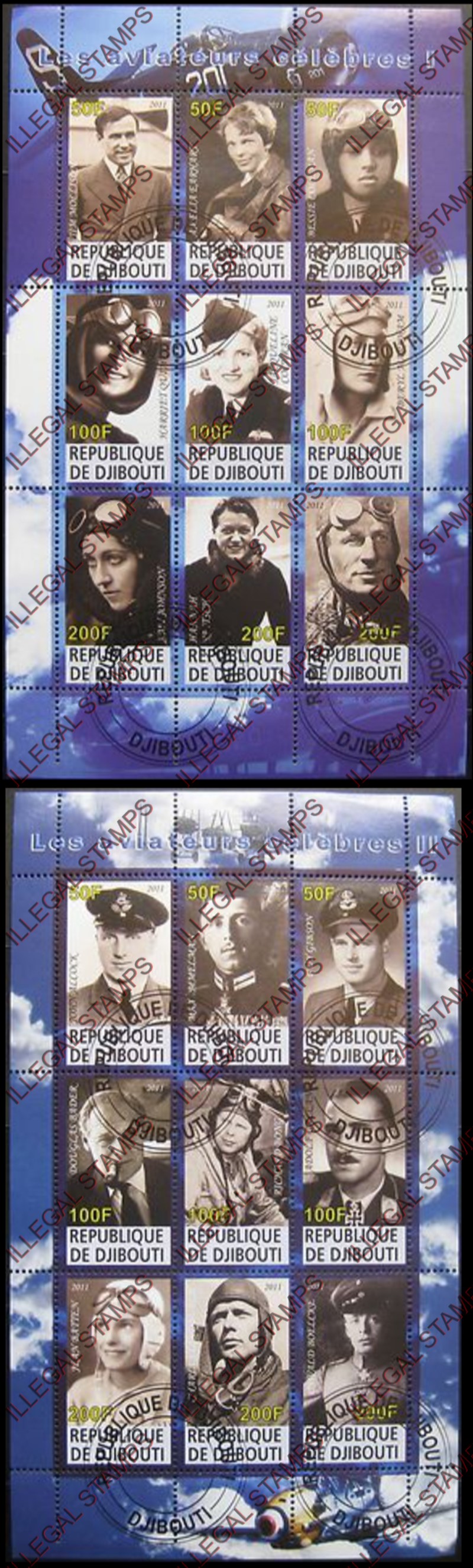 Djibouti 2011 Celebrity Aviators Illegal Stamp Sheetlets of 9 Djibouti 2011 Celebrity Aviators Illegal Stamp Sheetlets of 9