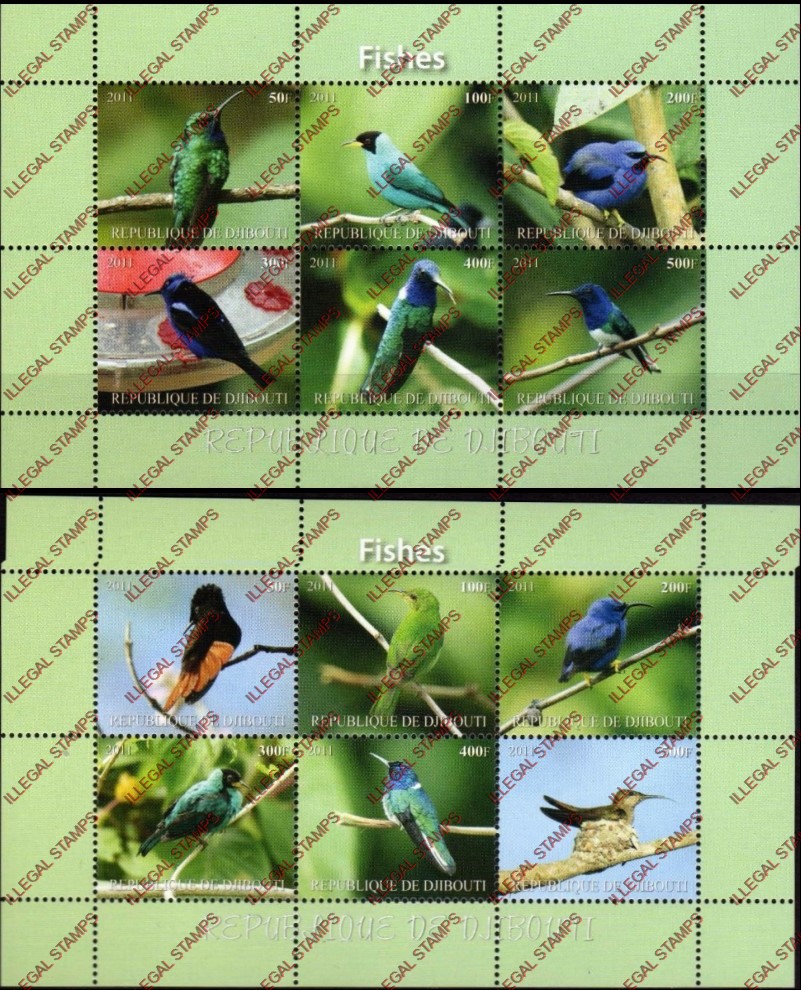 Djibouti 2011 Birds (with wrong title Fish) Illegal Stamp Sheetlets of 6 Djibouti 2011 Birds (with wrong title Fish) Illegal Stamp Sheetlets of 6