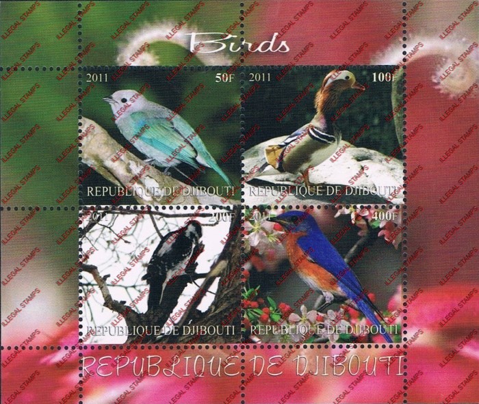 Djibouti 2011 Birds Illegal Stamp Souvenir Sheet of 4 Djibouti 2011 Birds Illegal Stamp Souvenir Sheet of 4