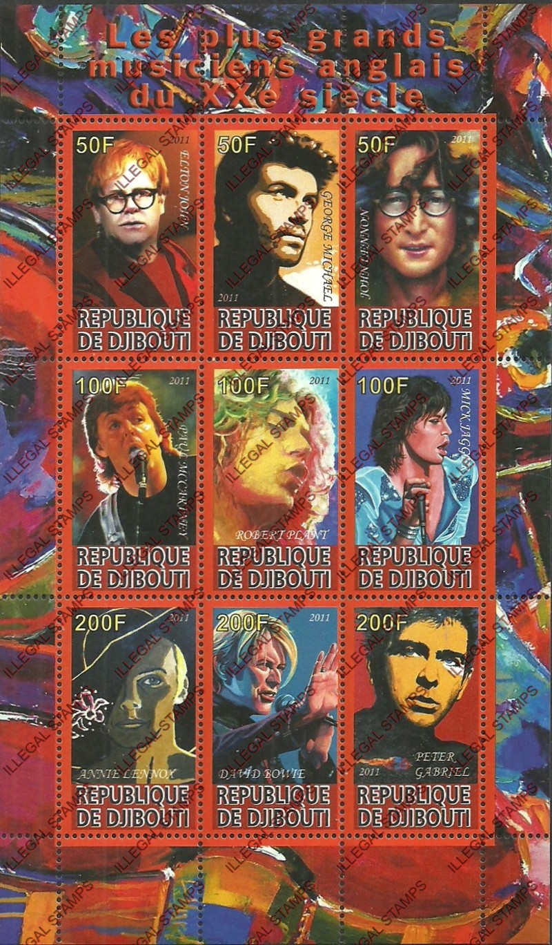 Djibouti 2011 Great British Pop Singers Illegal Stamp Sheetlet of 9 Djibouti 2011 Great British Pop Singers Illegal Stamp Sheetlet of 9
