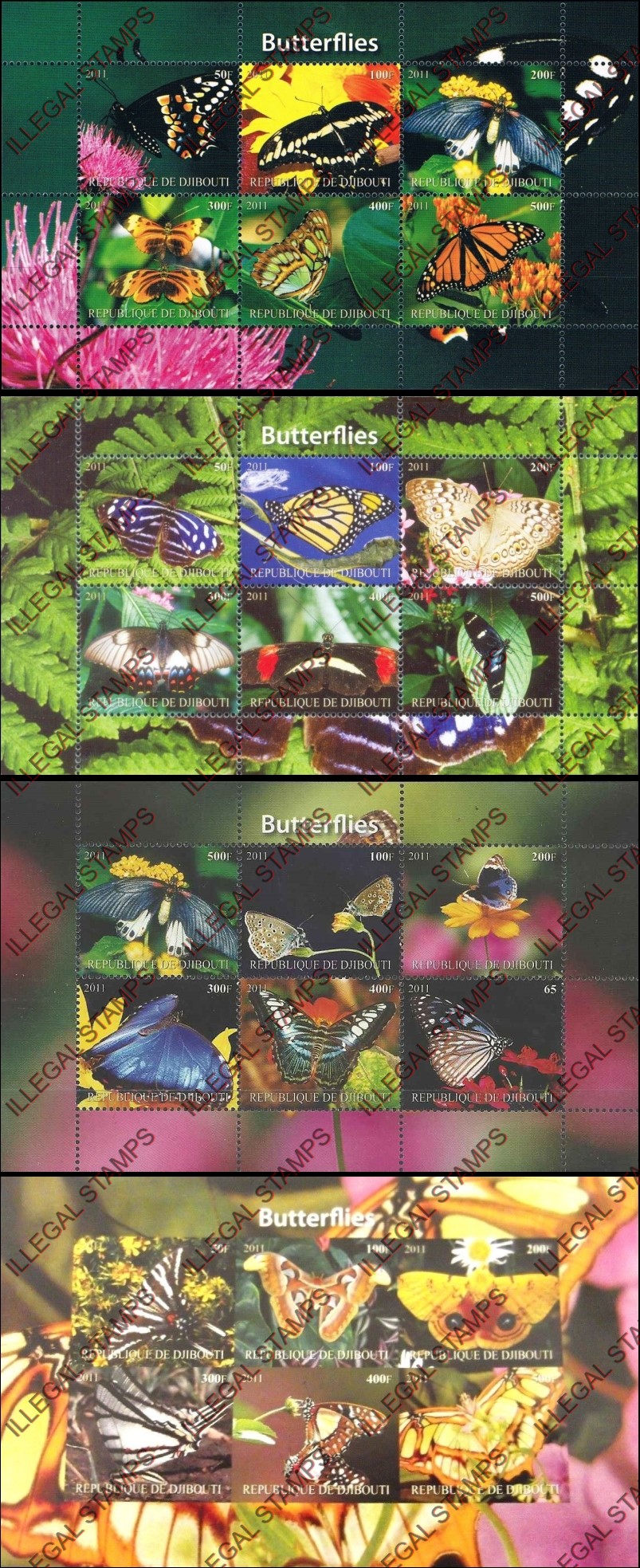 Djibouti 2011 Butterflies Illegal Stamp Sheetlets of 6 Djibouti 2011 Butterflies Illegal Stamp Sheetlets of 6