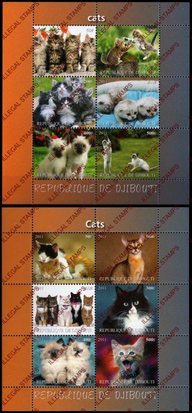 Djibouti 2011 Cats Illegal Stamp Sheetlets of 6 Djibouti 2011 Cats Illegal Stamp Sheetlets of 6