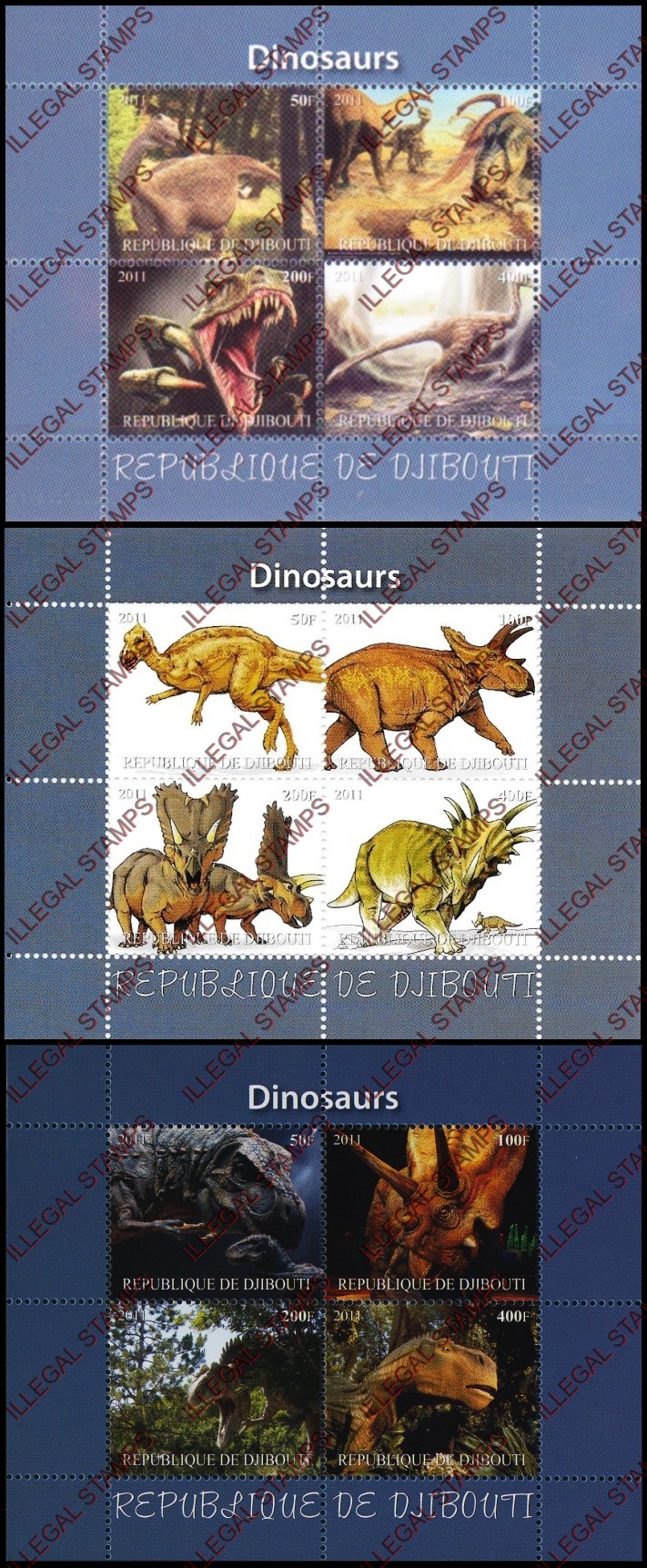 Djibouti 2011 Dinosaurs Illegal Stamp Souvenir Sheets of 4 Djibouti 2011 Dinosaurs Illegal Stamp Souvenir Sheets of 4