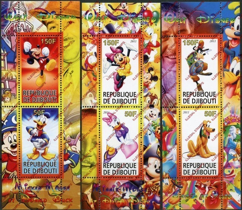 Djibouti 2011 Disney Cartoon Characters Illegal Stamp Souvenir Sheets of 2 Djibouti 2011 Disney Cartoon Characters Illegal Stamp Souvenir Sheets of 2