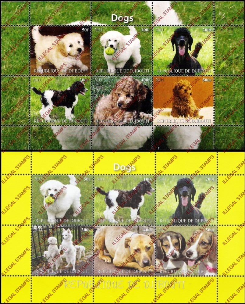 Djibouti 2011 Dogs Illegal Stamp Sheetlets of 6 Djibouti 2011 Dogs Illegal Stamp Sheetlets of 6