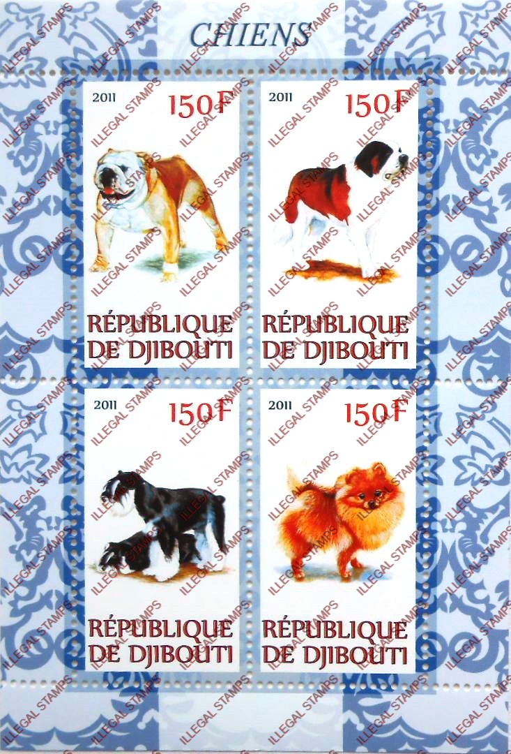 Djibouti 2011 Dogs Illegal Stamp Souvenir Sheet of 4 Djibouti 2011 Dogs Illegal Stamp Souvenir Sheet of 4