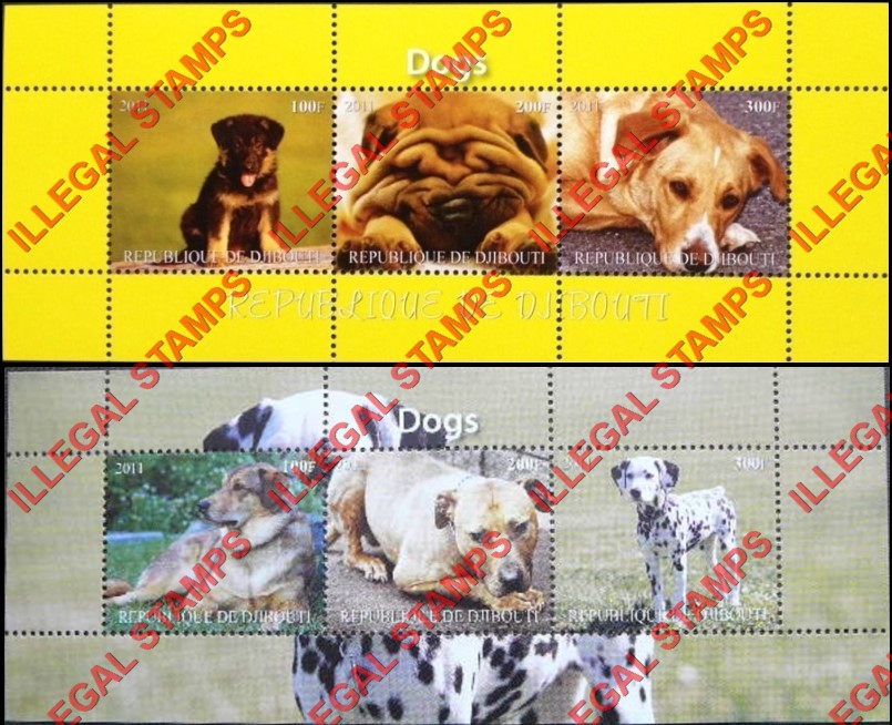 Djibouti 2011 Dogs Illegal Stamp Souvenir Sheets of 3 Djibouti 2011 Dogs Illegal Stamp Souvenir Sheets of 3