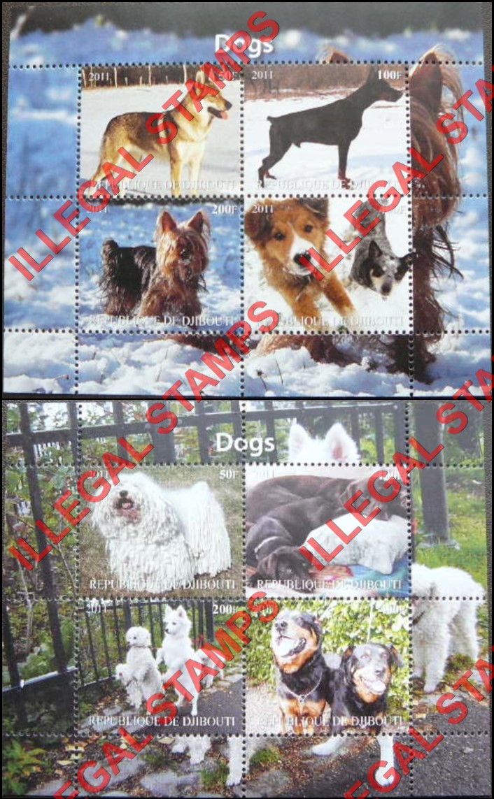 Djibouti 2011 Dogs Illegal Stamp Souvenir Sheet of 4 (different) (Part 3) Djibouti 2011 Dogs Illegal Stamp Souvenir Sheet of 4 (different) (Part 3)