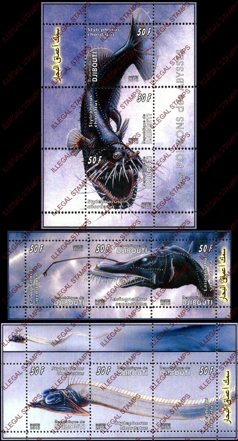 Djibouti 2011 Fish of the Abyss Illegal Stamp Souvenir Sheets of 3 Djibouti 2011 Fish of the Abyss Illegal Stamp Souvenir Sheets of 3