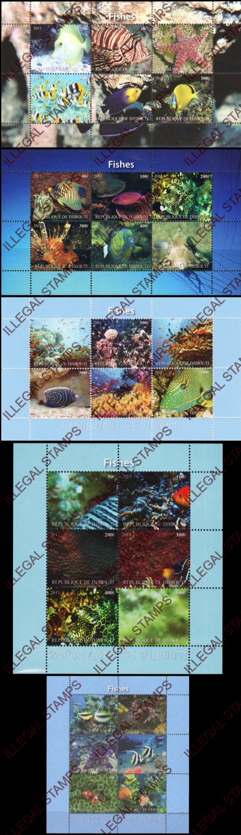 Djibouti 2011 Fish Illegal Stamp Sheetlets of 6 Djibouti 2011 Fish Illegal Stamp Sheetlets of 6