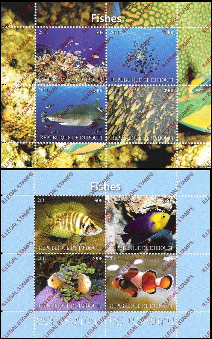 Djibouti 2011 Fish Illegal Stamp Souvenir Sheets of 4 (Part 1) Djibouti 2011 Fish Illegal Stamp Souvenir Sheets of 4 (Part 1)
