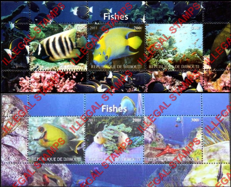 Djibouti 2011 Fish Illegal Stamp Souvenir Sheets of 3 Djibouti 2011 Fish Illegal Stamp Souvenir Sheets of 3