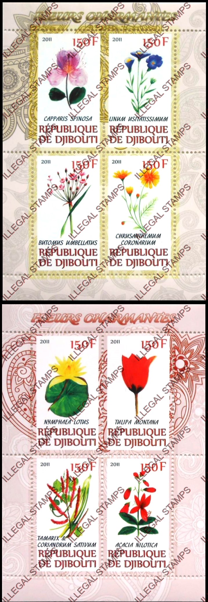Djibouti 2011 Charming Flowers Illegal Stamp Souvenir Sheets of 4 Djibouti 2011 Charming Flowers Illegal Stamp Souvenir Sheets of 4