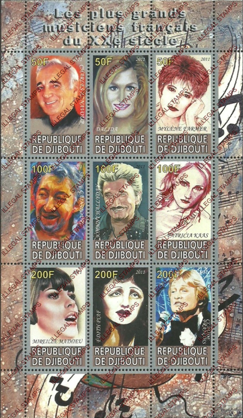 Djibouti 2011 Great French Pop Singers Illegal Stamp Sheetlet of 9 Djibouti 2011 Great French Pop Singers Illegal Stamp Sheetlet of 9