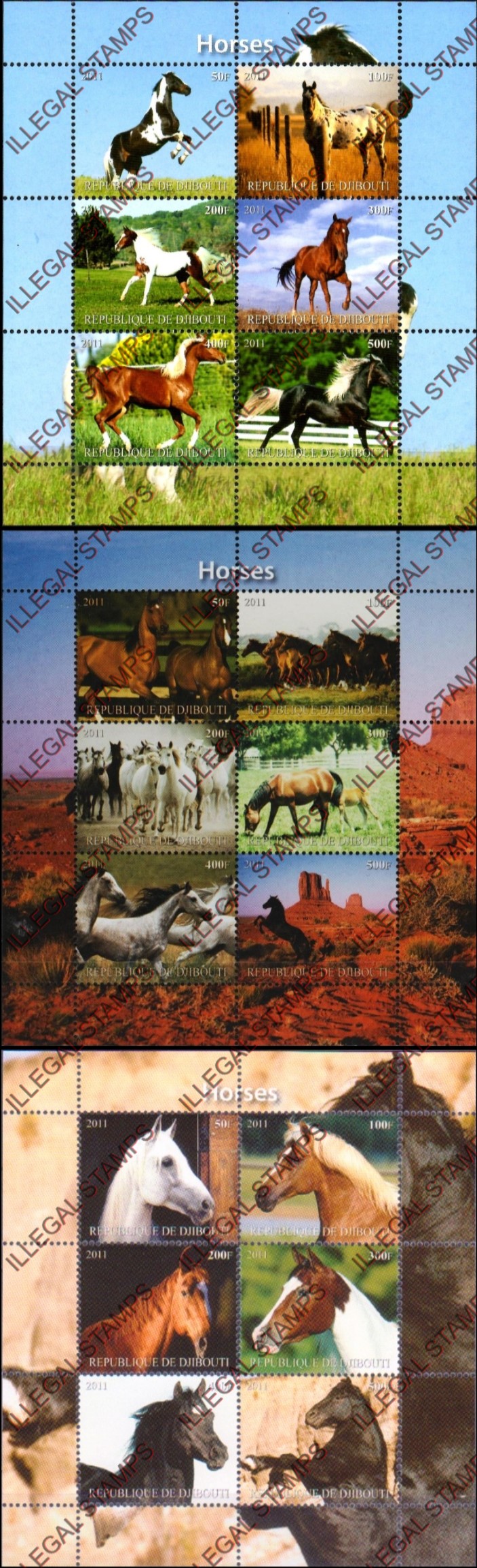 Djibouti 2011 Horses Illegal Stamp Sheetlets of 6 (Part 1) Djibouti 2011 Horses Illegal Stamp Sheetlets of 6 (Part 1)