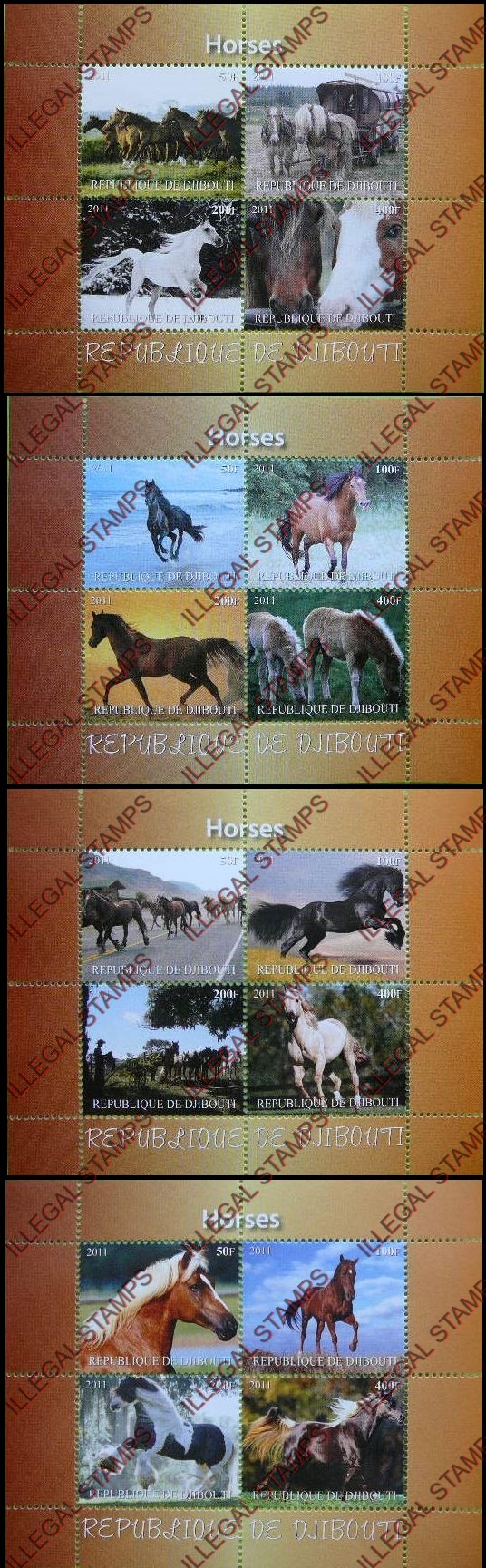 Djibouti 2011 Horses Illegal Stamp Souvenir Sheets of 4 Djibouti 2011 Horses Illegal Stamp Souvenir Sheets of 4