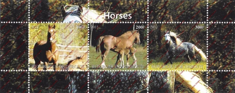 Djibouti 2011 Horses Illegal Stamp Souvenir Sheet of 3 Djibouti 2011 Horses Illegal Stamp Souvenir Sheet of 3