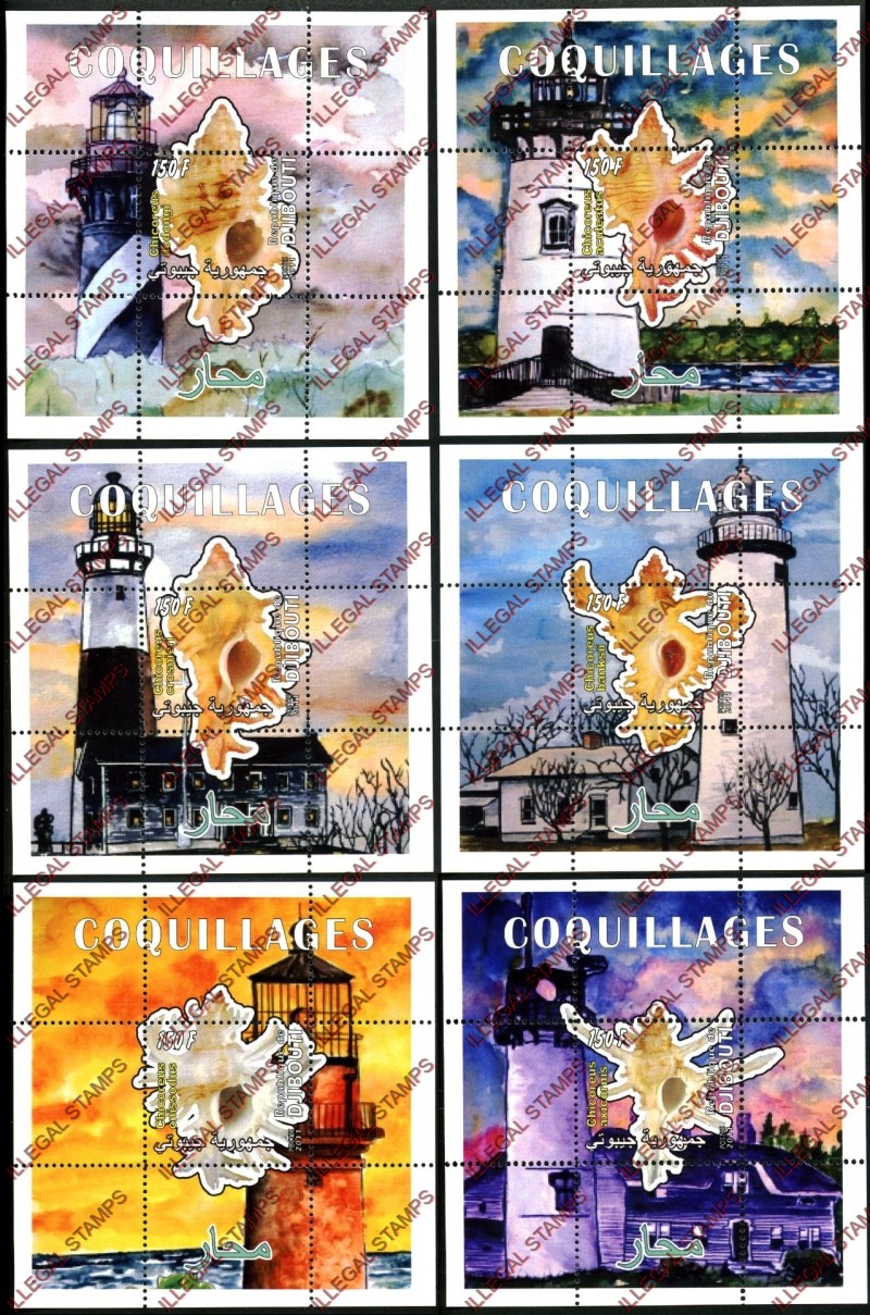 Djibouti 2011 Lighthouses and Sea Shells Illegal Stamp Souvenir Sheets of 1 Djibouti 2011 Lighthouses and Sea Shells Illegal Stamp Souvenir Sheets of 1