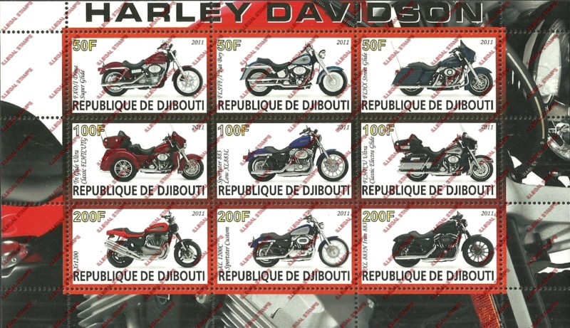 Djibouti 2011 Harley Davidson Motorcycles Illegal Stamp Sheetlet of 9 Djibouti 2011 Harley Davidson Motorcycles Illegal Stamp Sheetlet of 9