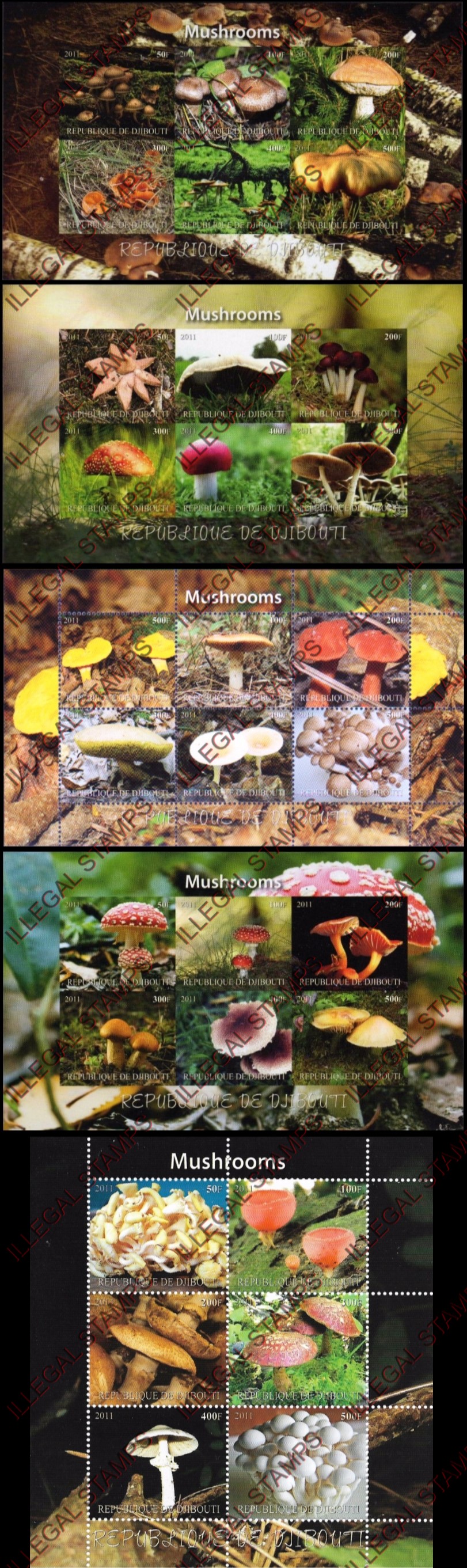 Djibouti 2011 Mushrooms Illegal Stamp Sheetlets of 6 Djibouti 2011 Mushrooms Illegal Stamp Sheetlets of 6