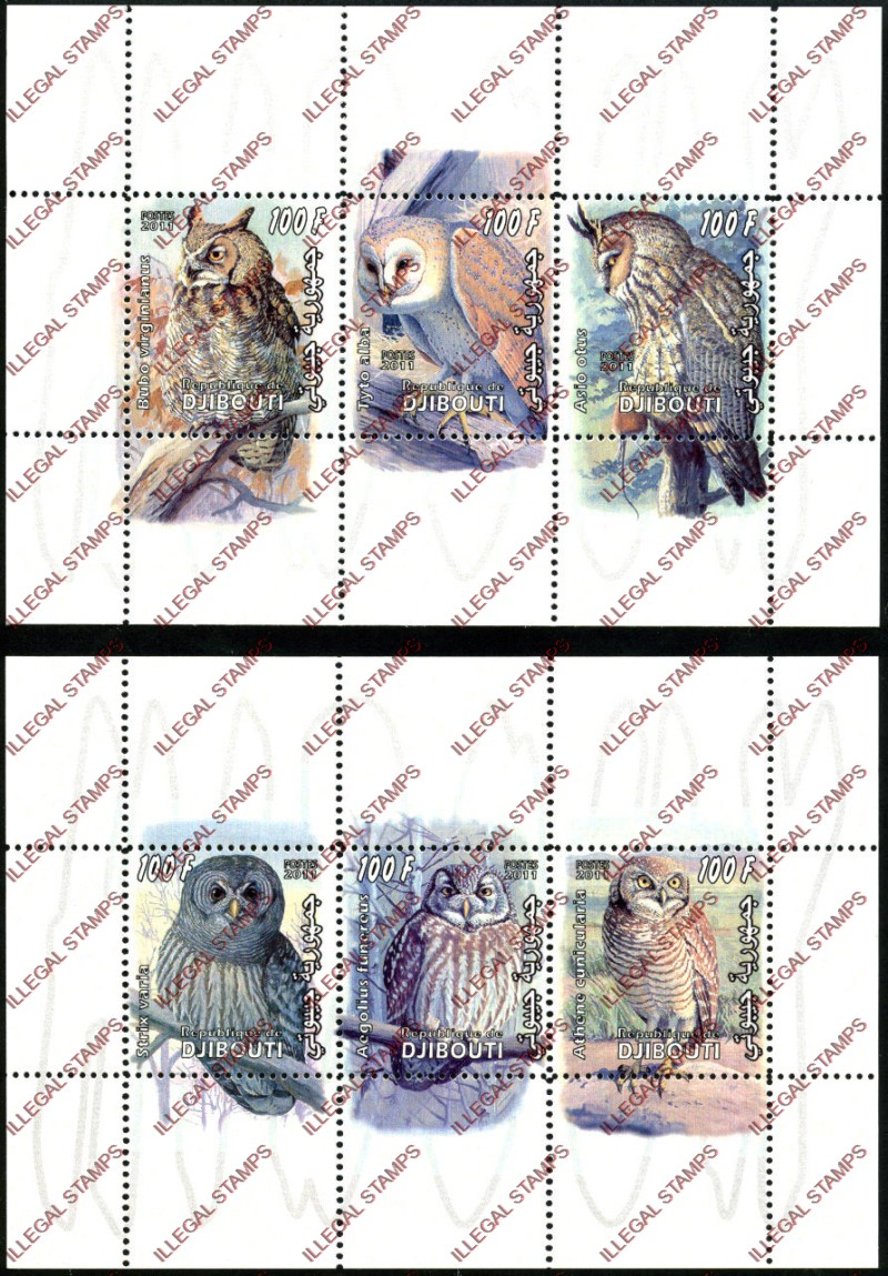 Djibouti 2011 Owls Illegal Stamp Sheetlets of 3 Djibouti 2011 Owls Illegal Stamp Sheetlets of 3