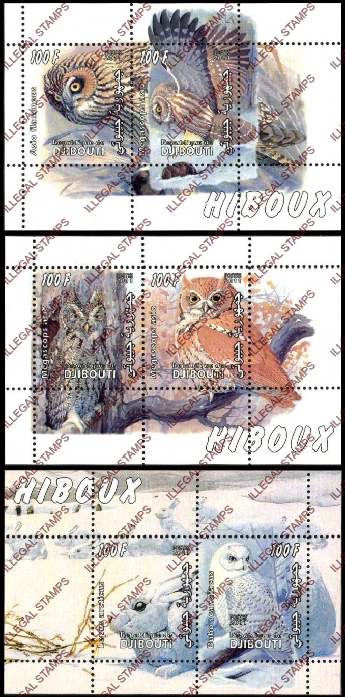 Djibouti 2011 Owls Illegal Stamp Souvenir Sheets of 2 Djibouti 2011 Owls Illegal Stamp Souvenir Sheets of 2
