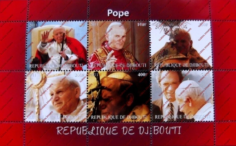Djibouti 2011 Pope Illegal Stamp Sheetlet of 6 Djibouti 2011 Pope Illegal Stamp Sheetlet of 6