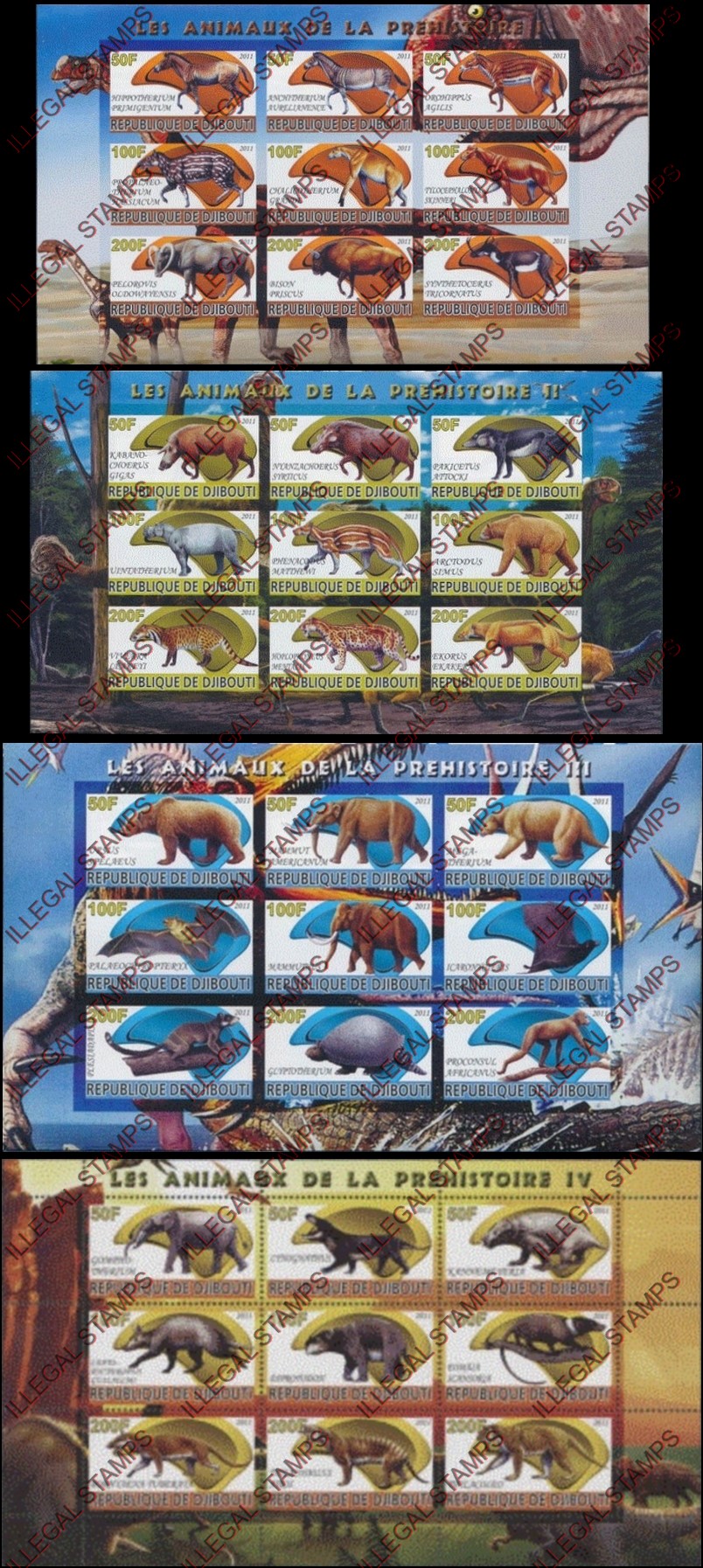 Djibouti 2011 Prehistoric Animals Illegal Stamp Sheetlets of 9 Djibouti 2011 Prehistoric Animals Illegal Stamp Sheetlets of 9