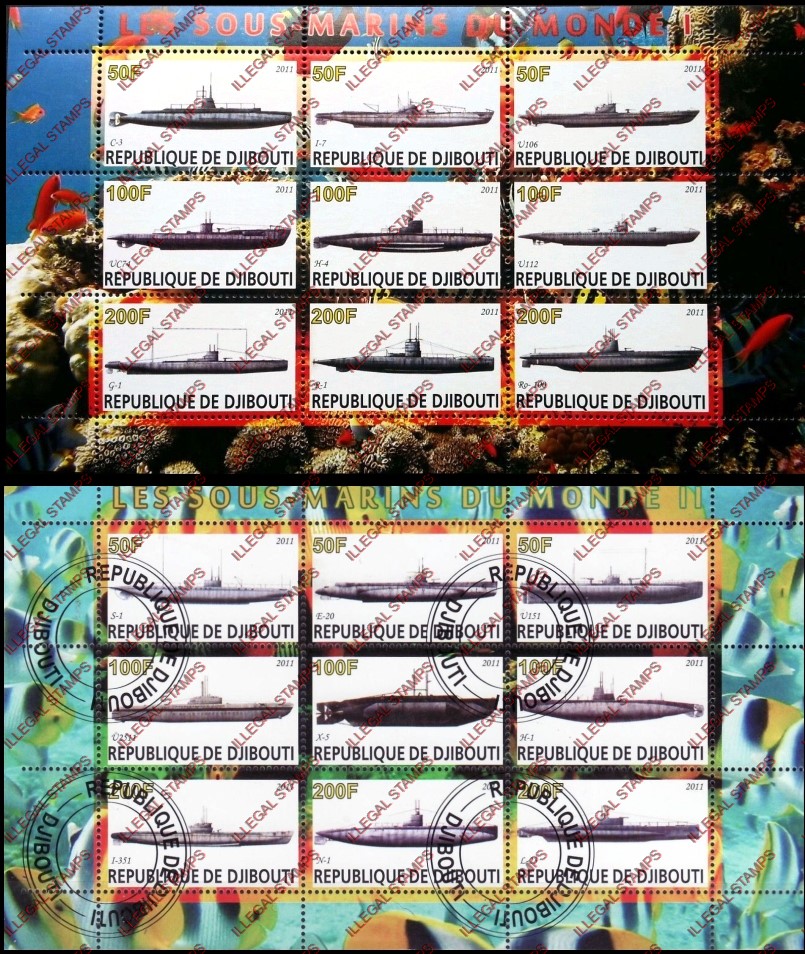 Djibouti 2011 Submarines of the World Illegal Stamp Sheetlets of 9 Djibouti 2011 Submarines of the World Illegal Stamp Sheetlets of 9