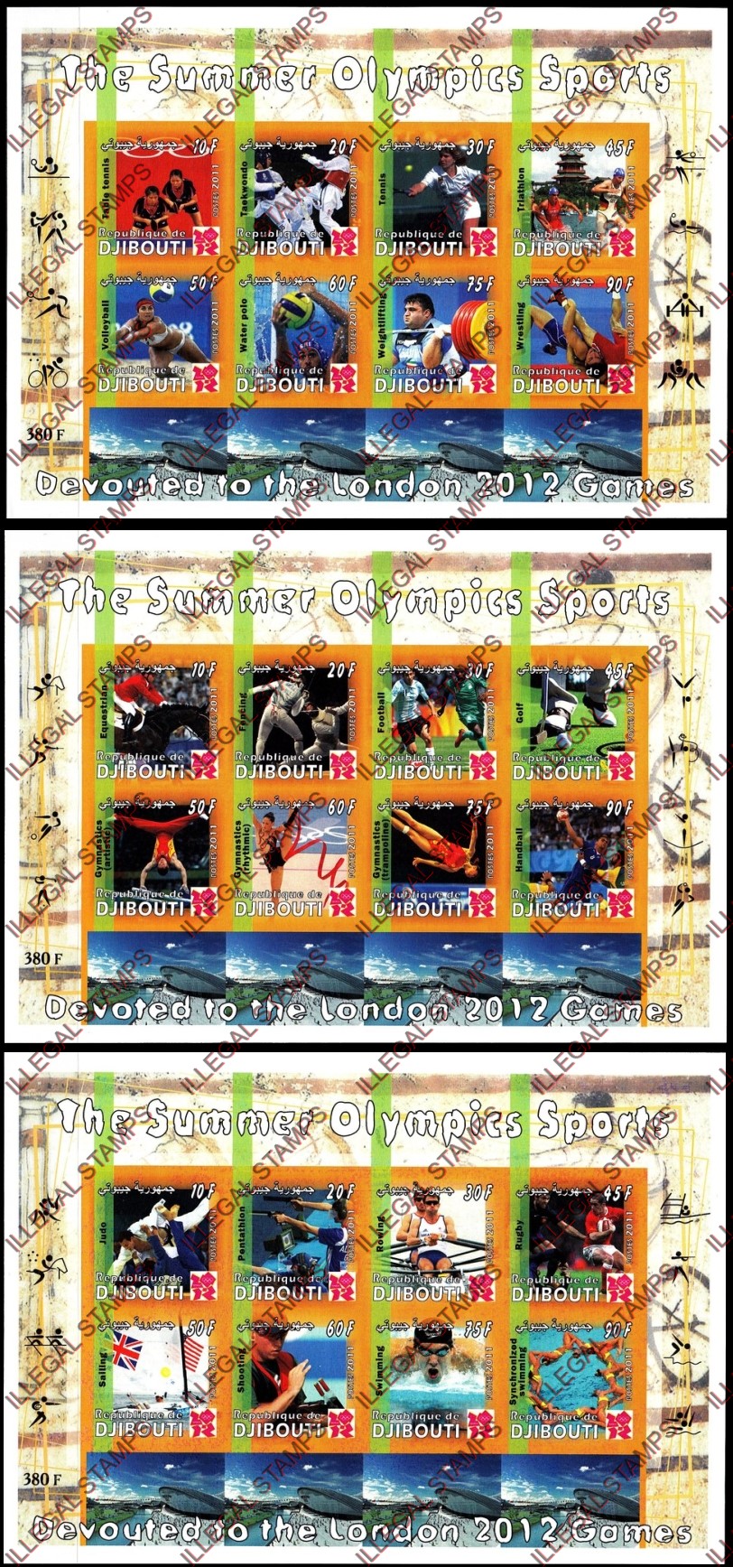 Djibouti 2011 Summer Olympic Games Illegal Stamp Sheetlets of 8 Djibouti 2011 Summer Olympic Games Illegal Stamp Sheetlets of 8