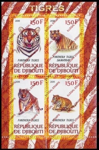 Djibouti 2011 Tigers Illegal Stamp Souvenir Sheet of 4 Djibouti 2011 Tigers Illegal Stamp Souvenir Sheet of 4