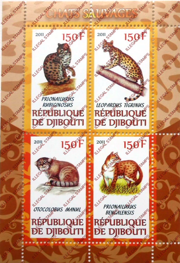 Djibouti 2011 Wild Cats Illegal Stamp Souvenir Sheet of 4 Djibouti 2011 Wild Cats Illegal Stamp Souvenir Sheet of 4