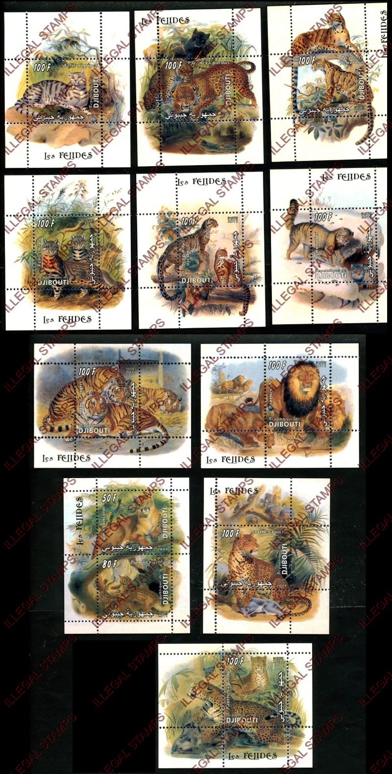 Djibouti 2011 Wild Cats Illegal Stamp Souvenir Sheets of 1 and 2 Djibouti 2011 Wild Cats Illegal Stamp Souvenir Sheets of 1 and 2