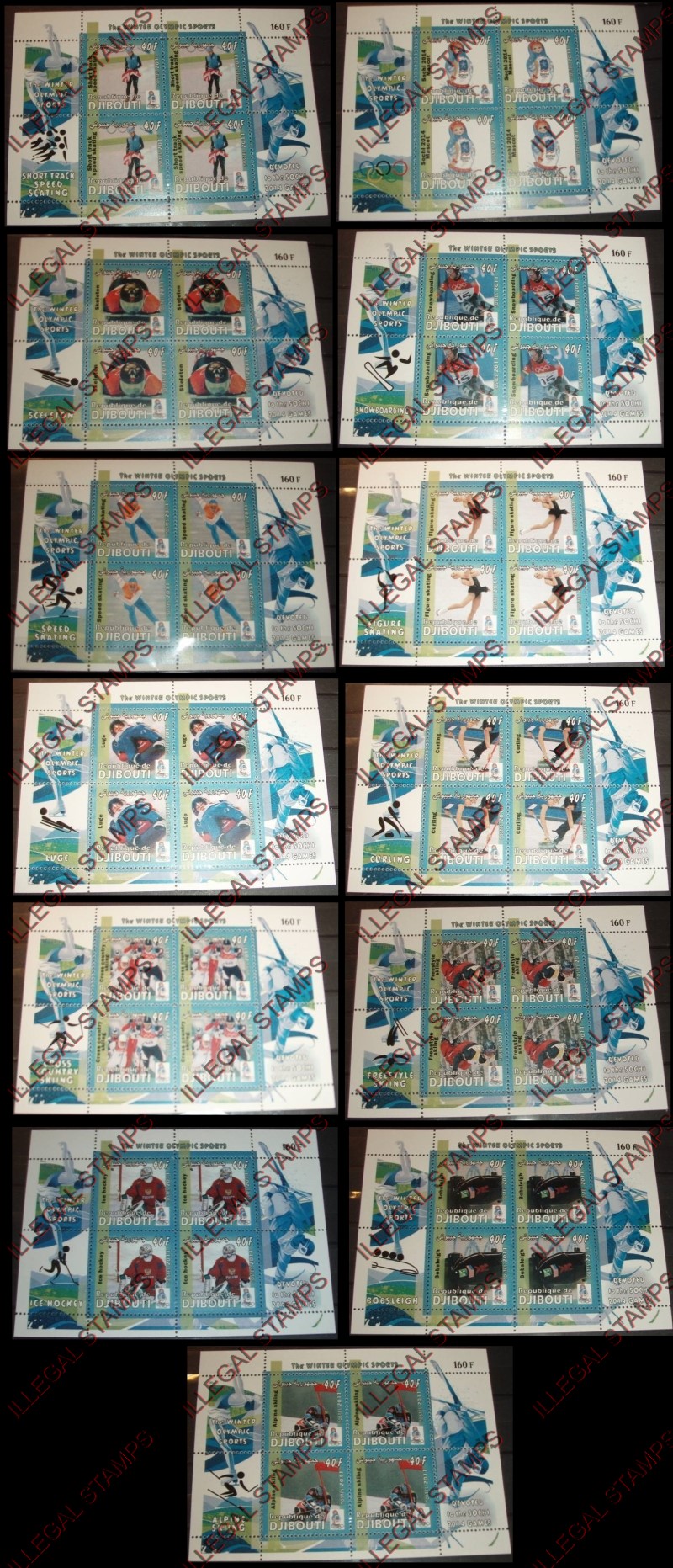 Djibouti 2011 Winter Olympic Games Illegal Stamp Souvenir Sheets of 4 Djibouti 2011 Winter Olympic Games Illegal Stamp Souvenir Sheets of 4