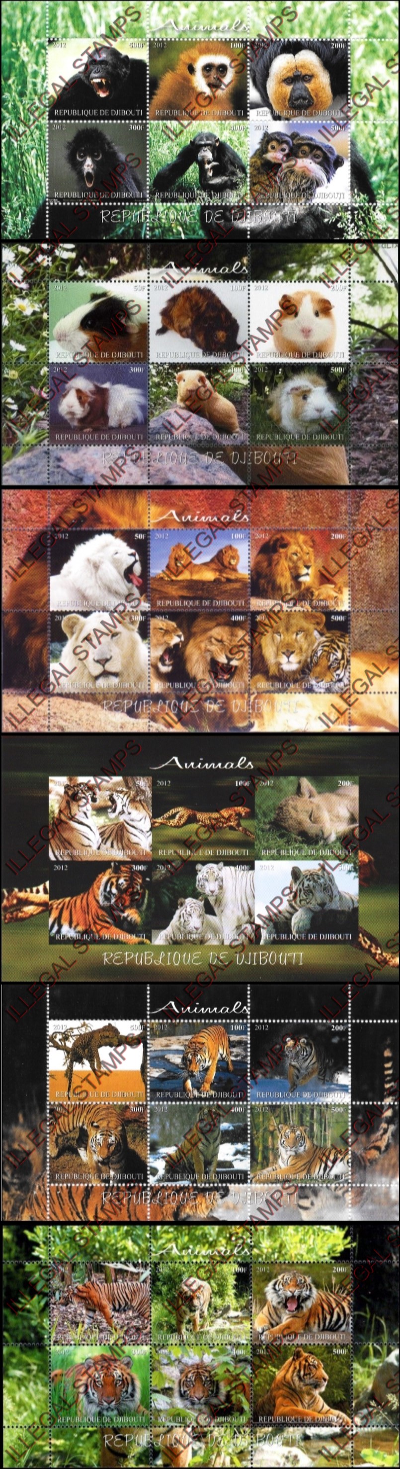 Djibouti 2012 Animals Illegal Stamp Sheetlets of 6 Djibouti 2012 Animals Illegal Stamp Sheetlets of 6