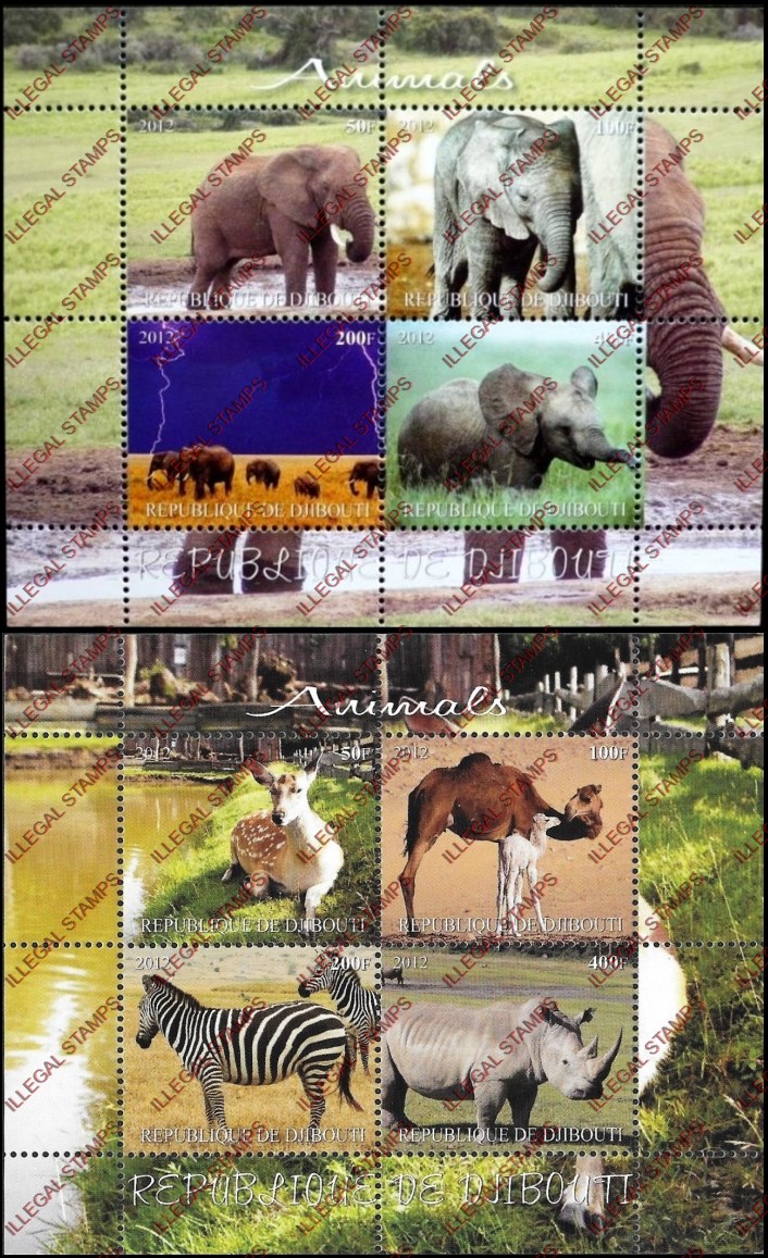 Djibouti 2012 Animals Illegal Stamp Souvenir Sheets of 4 Djibouti 2012 Animals Illegal Stamp Souvenir Sheets of 4