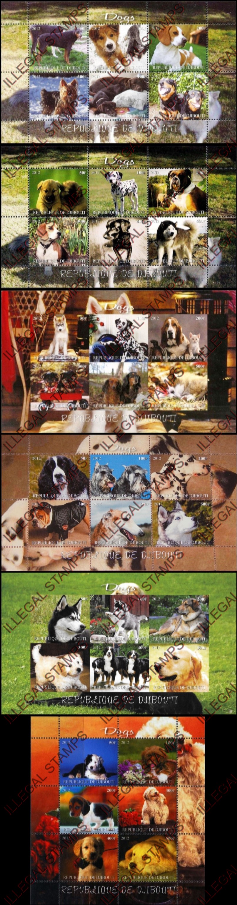 Djibouti 2012 Dogs Illegal Stamp Sheetlets of 6 Djibouti 2012 Dogs Illegal Stamp Sheetlets of 6