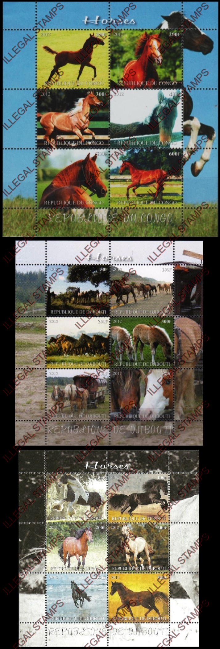 Djibouti 2012 Horses Illegal Stamp Sheetlets of 6 Djibouti 2012 Horses Illegal Stamp Sheetlets of 6