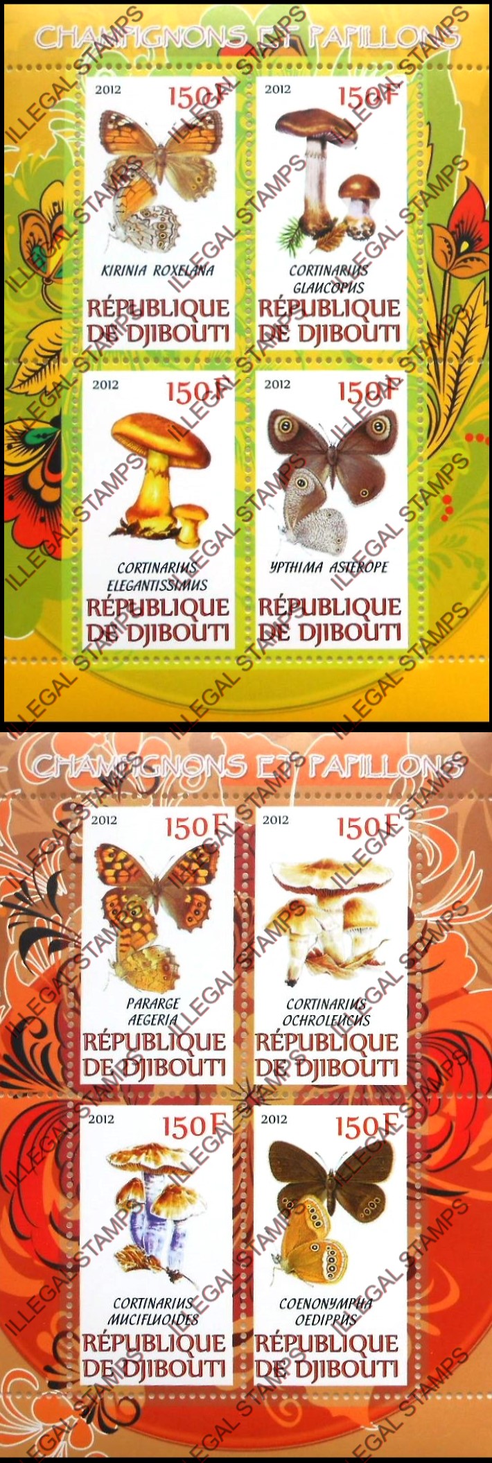 Djibouti 2012 Mushrooms and Butterflies Illegal Stamp Souvenir Sheets of 4 Djibouti 2012 Mushrooms and Butterflies Illegal Stamp Souvenir Sheets of 4